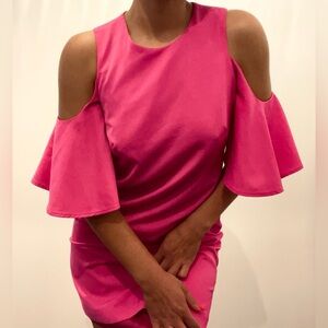 Calvin Klein peak-a-boo shoulder shift dress.